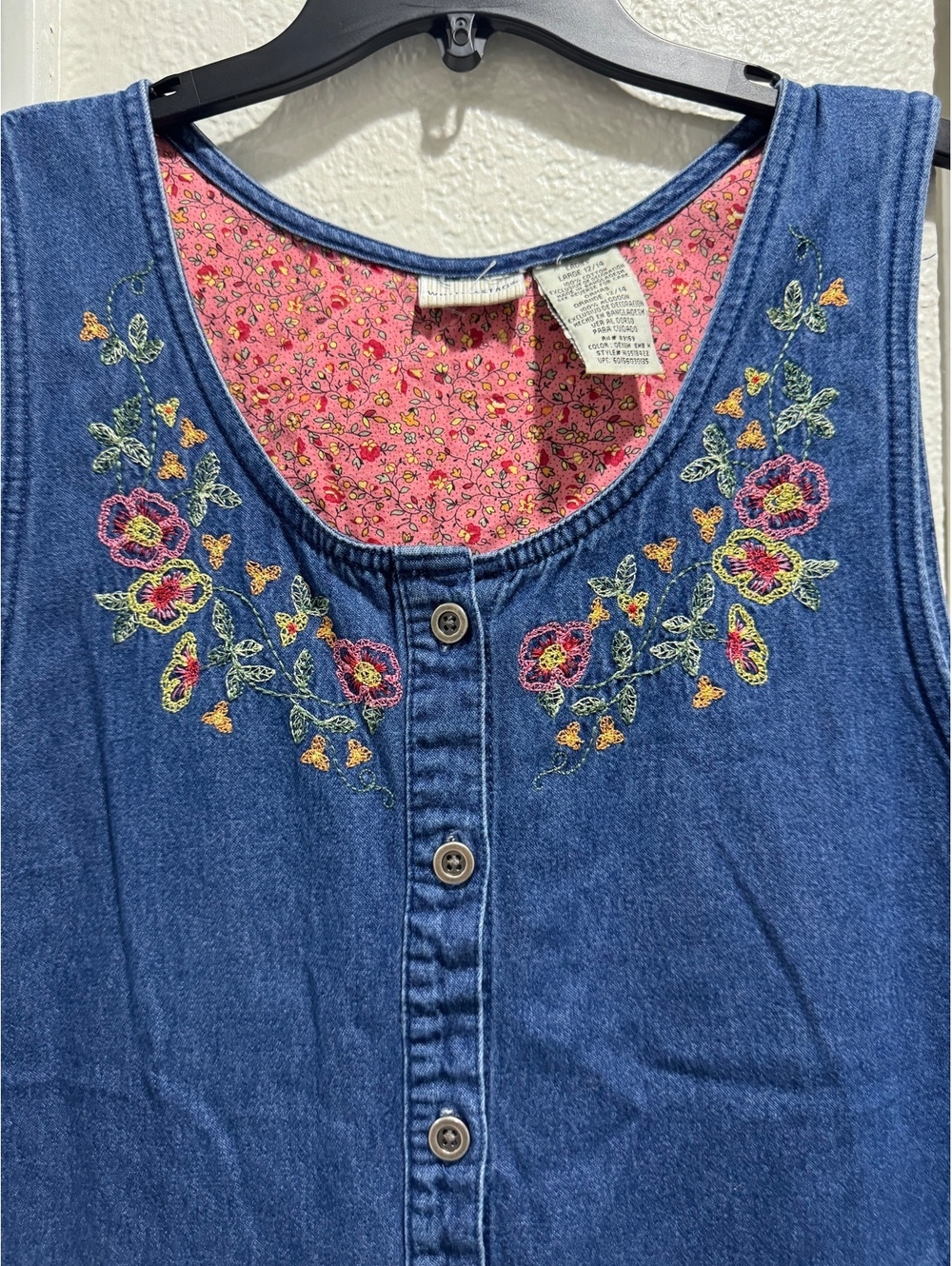 Vintage 90s White Stag Embroidered Denim Midi Dress Button Front Cottagecore L - Picture 3 of 8